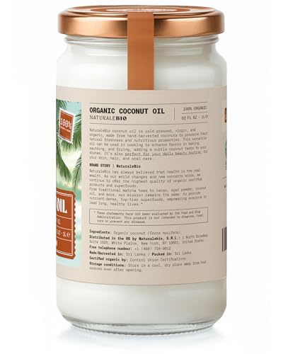 NaturaleBio Organic Virgin Coconut Oil 32 fl oz Raw Cold Pressed for Skin, Hair, Moisturizer, Massage, Body, Hand, Cream, Vegan Butter Alternative, Ideal Lotion, Perfect Care