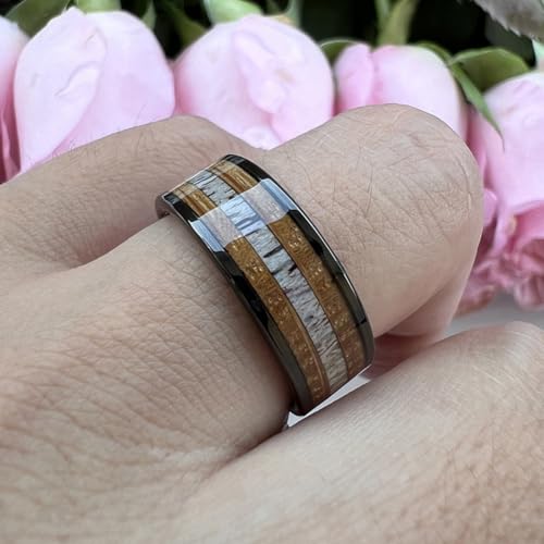 TUTISS 8mm Black Tungsten Rings for Men Women Wedding Bands Whisky Barrel Wood Deer Antler Inlay Flat Polished Comfort Fit Size 9.5