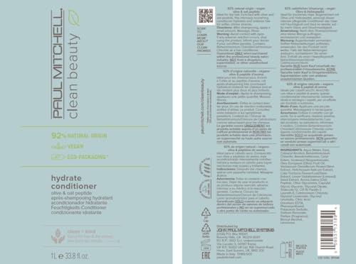 Paul Mitchell Clean Beauty Hydrate Conditioner, Intensely Nourishing Conditioner, Improves Manageability, For Dry Hair, 33.8 fl. oz.