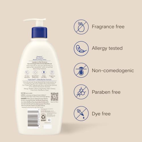 Aveeno Skin Relief Moisturizing Body Lotion Heals Very Dry, Sensitive Skin, Fast Absorbing Lotion with Soothing Triple Oat & Shea Butter Formula, Fragrance Free Lotion, Non-Comedogenic, 18 Fl Oz