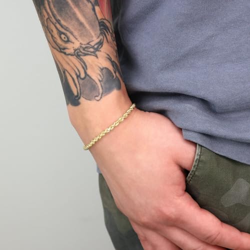 Nuragold 14k Real Yellow Gold Rope Chain Solid Diamond Cut Bracelet - 3.5mm - 8"