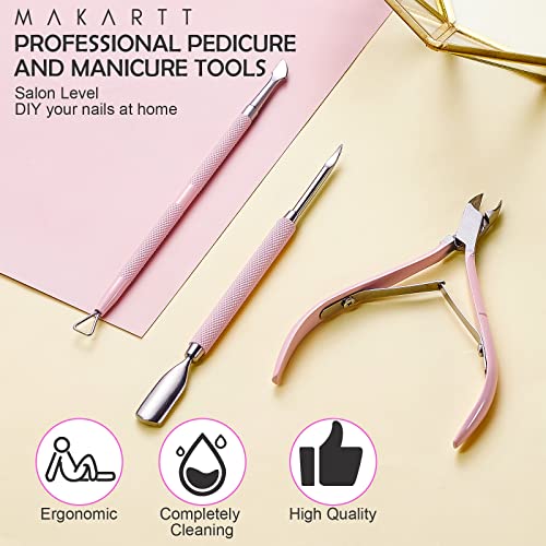 Makartt 3 Pcs Pink Cuticle Nipper Set, Stainless Steel Pusher & Scraper