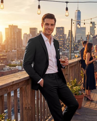WULFUL Men's 2 Piece Slim Fit Suit Set One Button Blazer Jacket Pants Tuxedo Set for Party, Wedding and Business Black