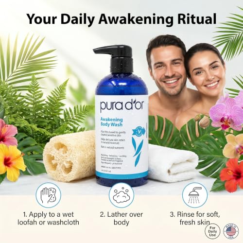 PURA D'OR 16 Oz Awakening Body Wash with Aloe Vera, Chamomile, Lavender, Tea Tree and Natural Nutrients - pH Balanced for Moisturized Soft, Fresh-Feeling Skin, All Skin Types, Men & Women