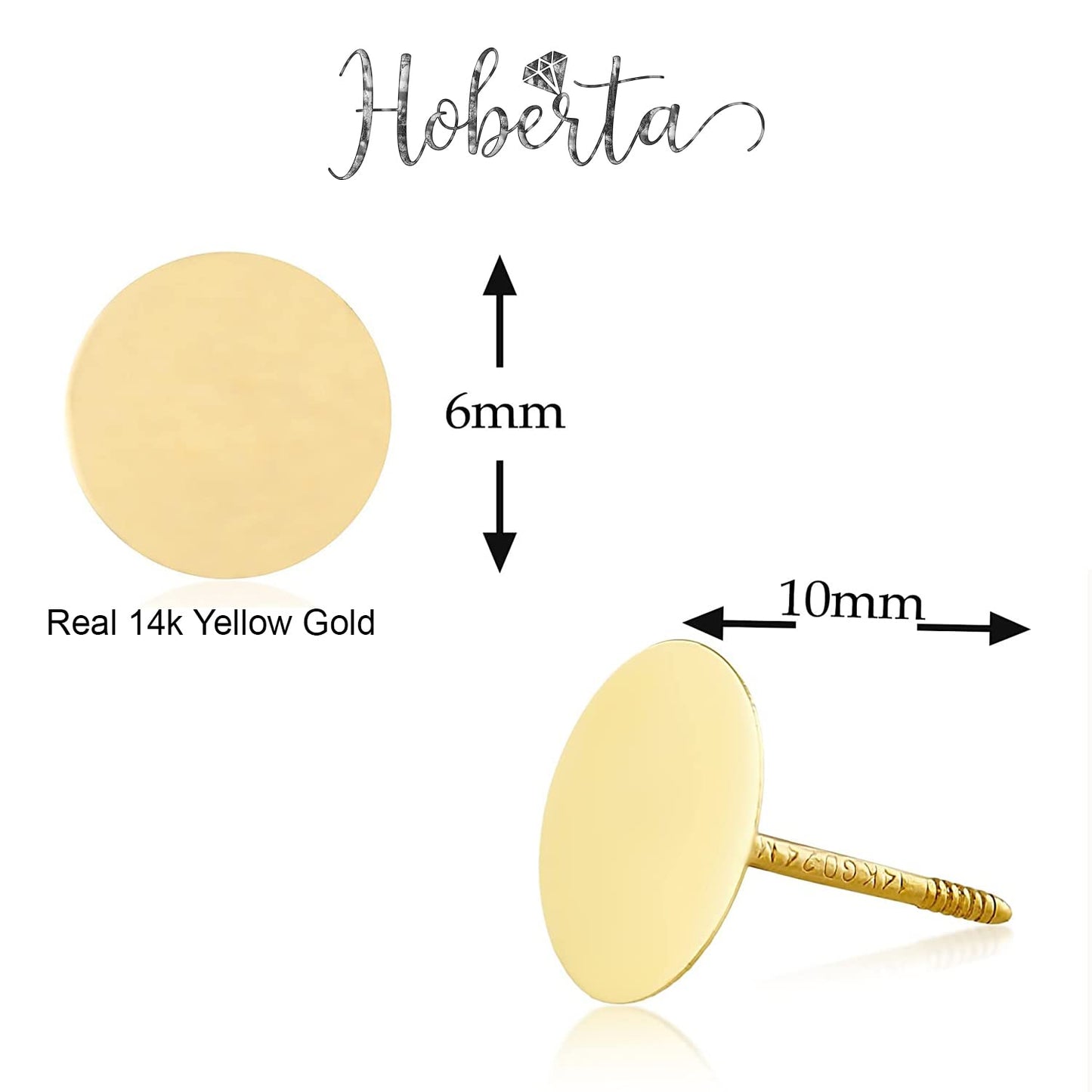 Hoberta Real 14k solid Yellow Gold Stud Earrings with Screw back for Women Girls Men for Sensitive ears Small & Minimalist Dot Studs Jewelry Gifts (Flat Round6mm)