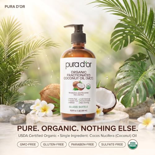 PURA D'OR ORGANIC Fractionated Coconut Oil MCT Oil (16.9 Oz GLASS BOTTLE) 100% Pure & Natural