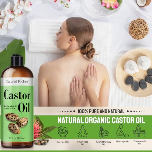 Natural Riches Castor Oil Cold pressed for Dry Skin Hair Loss Dandruff Thicker Hair - Moisturizes heals Scalp Skin Hair growth Thicker Eyelashes & Eyebrows