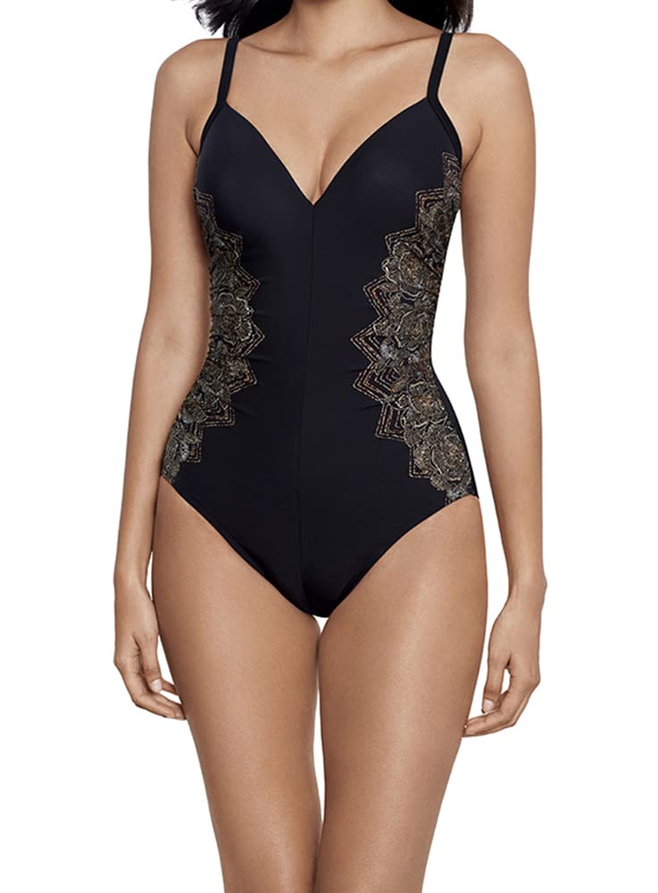 Miraclesuit Women's Swimwear Petal Pusher Temptation Tummy Control Underwire One Piece Swimsuit, Black/Multi, 08