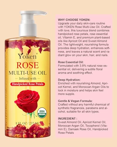 Organic Rose Multi-Use Body Oil For Skin Body, USDA Certified with Petals