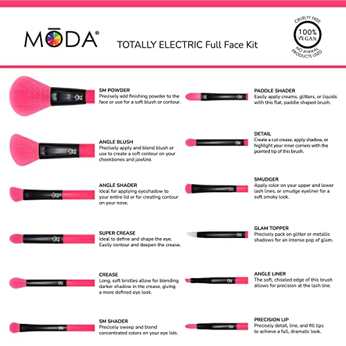 MODA Neon Pink Makeup Brush Set, 12pc Colorful Face & Eye Brushes, Vegan