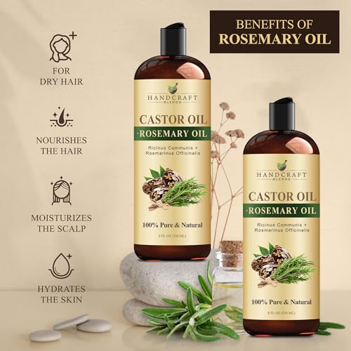 Handcraft Blends Castor Oil with Rosemary Oil 8 Fl Oz | 100% Pure and Natural | Premium Grade Carrier Oil | Hair, Eyelashes and Eyebrows | Hair and Body