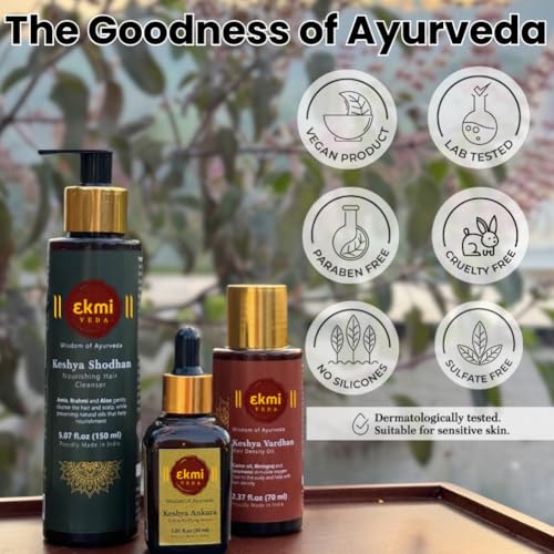 EKMIVEDA Hair Growth Set With Ayurvedic Herbs - Bhringraj, Castor, Amla, Rosemary for Hair Growth. Sulfate Free Hair Thickening Products, 3 Pcs - Oil, Shampoo & Redensyl Serum, 8.45 Fl Oz
