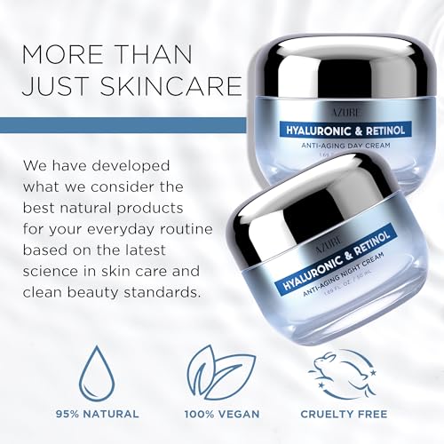 Azure Cosmetics Hyaluronic Acid Moisturizer Face Cream - Dermatologist Tested, Anti-Aging Retinol Cream for Dark Spots, Fine Lines & Wrinkles - Clean Beauty, Korean Skincare - Day & Night Duo Set