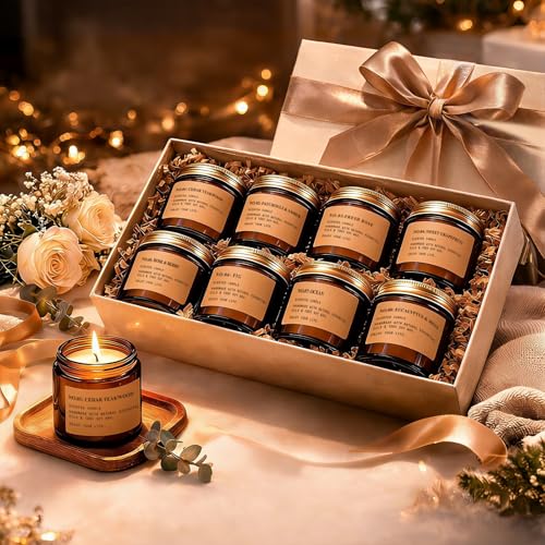 Scented Candles for Home,8 Pack Soy Wax Candle Set,Scented Candles Gift Set,Aromatherapy Candles, Amber Jar Vintage Apothecary Style, 8 Scents Gift Set