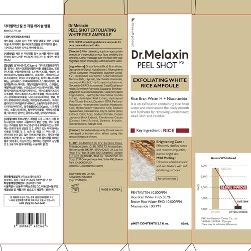 Dr.Melaxin Peel Shot Glow White Rice Peeling Ampoule with Rice Extract & AHA BHA, Brightening & Gentle Exfoliating Serum for Sebum Control, Niacinamide & Hyaluronic Acid, Korean Skincare, 2.71 fl.oz