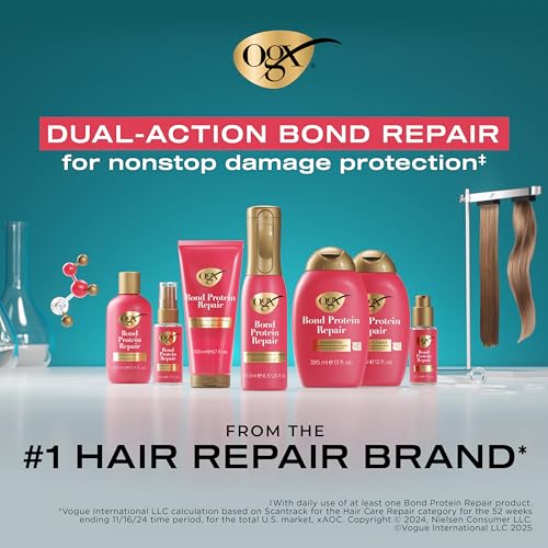 OGX Repair + Protect Bond Protein Repair Shampoo and Conditioner Set, targets damaged areas for bond protection, sulfate-free, hydrating care for color-treated, dry hair, 13 fl oz each (Pack of 2)