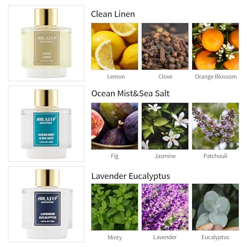 Airkeep Reed Diffuser Set of 3,Clean Linen Ocean Mist&Sea Salt Lavender Eucalyptus Oil Reed Diffusers for Bedroom Living Room Office Aromatherapy Oil Reed Diffuser for Gift 50ml x 3