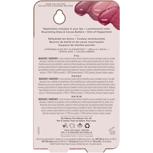 Burt's Bees Lip Shimmer Nude Collection, Tinted Lip Balm, 0.09 oz., 3 Tubes