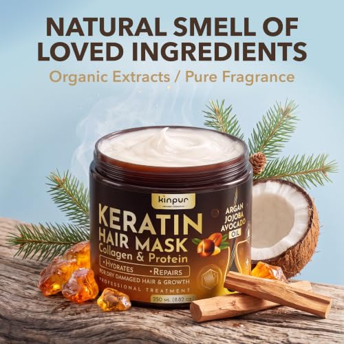 KINPUR ORGANIC COSMETICS Keratin Hair Mask for Dry & Damaged Hair – Deep Conditioning Hair Treatment with Coconut, Jojoba & Avocado Oils, Collagen & Protein – Hydrating Hair Mask, Color-Safe