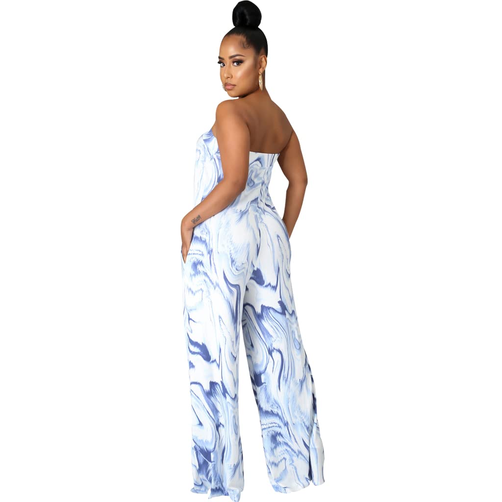 LightlyKiss Women's Summer Sexy Sleeveless Jumpsuit Fashion Open Back Jumpsuits Elegant Wide Leg Pants Rompers Blue.