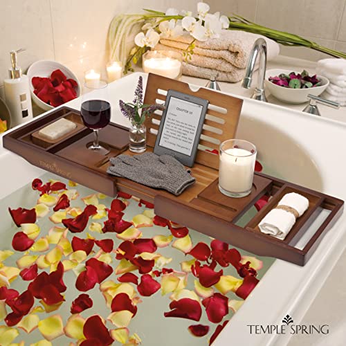 Temple Spring Bamboo Bathtub Tray Caddy for Tub — Expandable Wood Bath Tray with Solid Book Stand Wine Holder and Non-Slip Pads — Includes Bamboo Soap Dish and Spa Accessories — Luxury Bath Gift Set