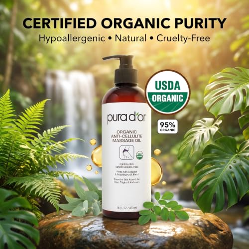 PURA D’OR 16 Oz Organic Anti-Cellulite Massage Oil for Toned Legs and Butt - Lemon Peel, Moringa, Grape Seed, Grapefruit & Eucalyptus Oils - Skin Firming & Tightening