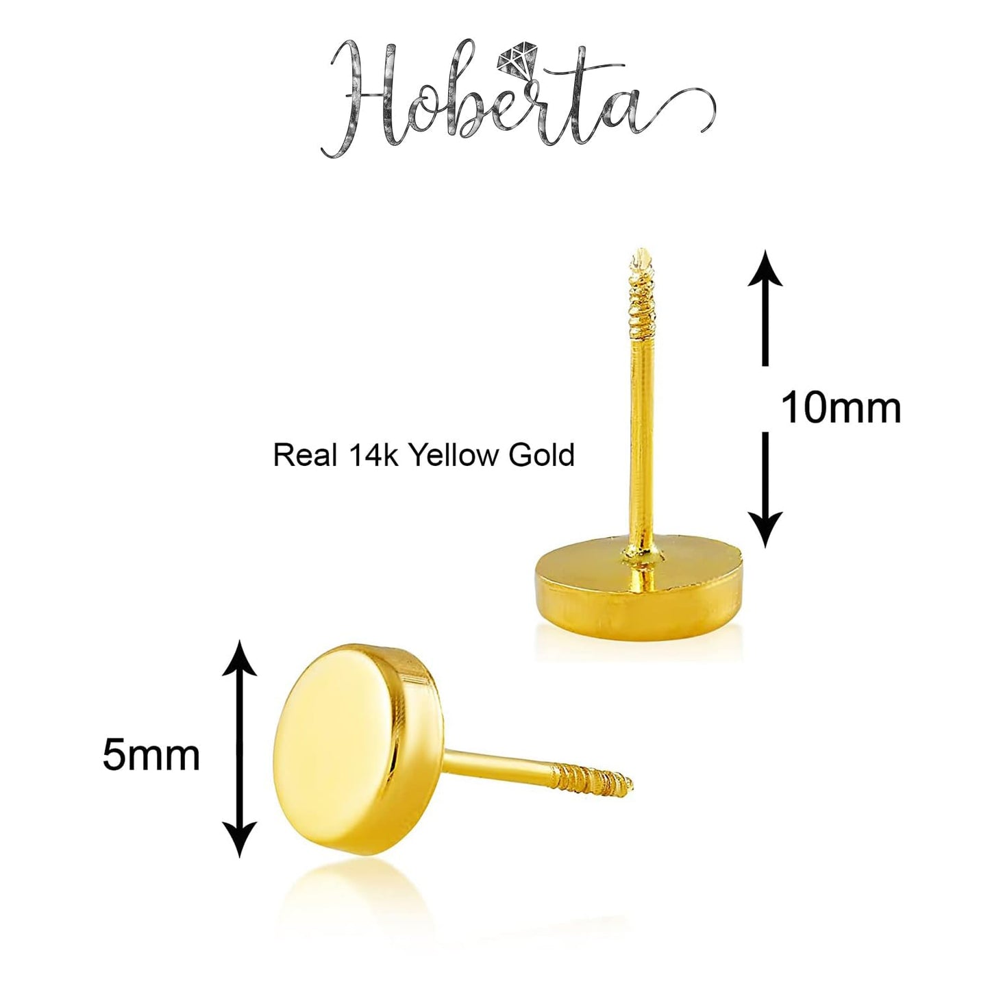 Hoberta Real 14k solid Round Yellow Gold Tiny Circle Stud Earrings with Screw back for Women Girls Men for Sensitive ears Small & Minimalist Dot Studs Jewelry for Gifts (5mm)