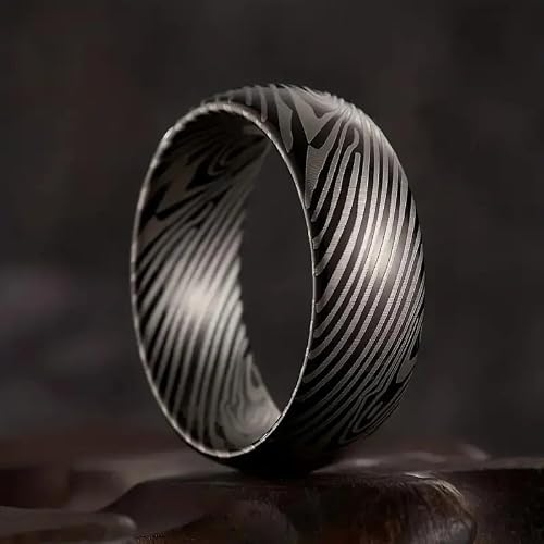 Damascus Steel Ring for Men Women - 8mm Wide Hand-Forged Pattern, Black & Metallic Swirl Textured Band, Hypoallergenic Wedding Ring, Size 7-13 (Damascus texture, 11)