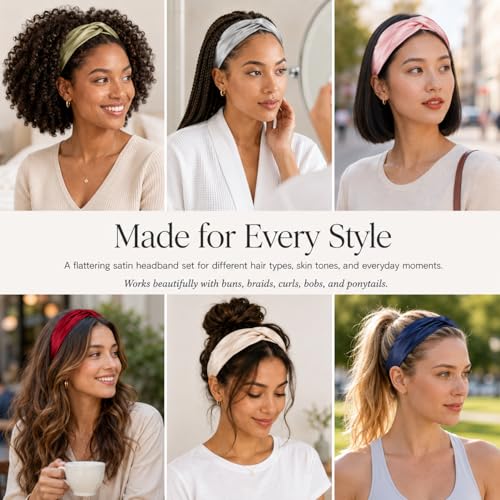 MTLEE 9 Pieces Elastic Hair Wraps and Adjustable Satin Headbands Twisted Turban Band for Face Washing, Women and Girls Hair Accessory, 9 Colors(Classic Color)