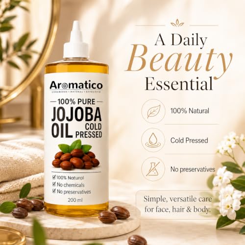 Aromatico Cold Pressed Jojoba Oil – 7 Fl Oz | Natural Hair, Face & Body Oil – Lightweight Moisturizing Carrier Oil for Dry Scalp, Skin Care, Beard, Cuticles & Massage