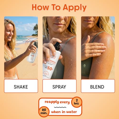 Aravi Organic 100% Mineral Sunscreen Spray SPF 50 | Broad Spectrum | Water Resistant 80 Min | Lightweight, No White Cast | Tan-Free Skin | Reef Safe + Oxybenzone Free | Zinc Oxide & Titanium Dioxide