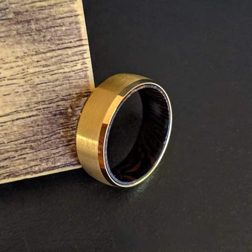 14K Gold Ring with Wenge Wood Tungsten Rings for Men Wedding Bands Yellow Gold Wedding Rings for Men with Wooden Inlay
