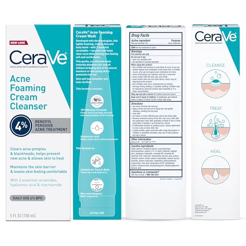 CeraVe Foaming Acne Cream Cleanser, Face Wash with 4% Benzoyl Peroxide, 5oz