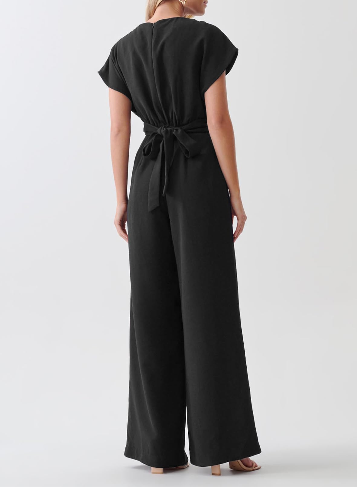 Happy Sailed One Piece Jumpsuits for Women Overalls Front Crisscross Top Tie Waist Belt Wide Leg Pants Rompers Business Casual Outfits with Pockets Black Medium