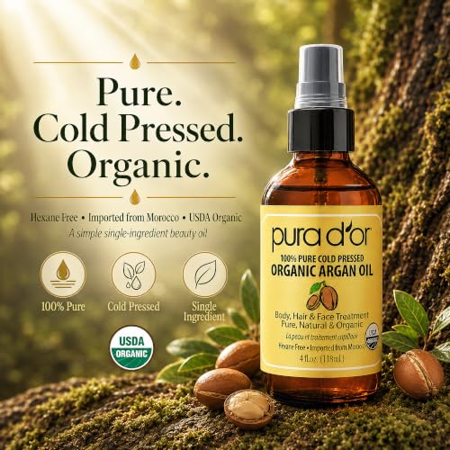 PURA D'OR Moroccan Argan Oil USDA ORGANIC Pure Cold-Pressed Hair & Skin 4oz