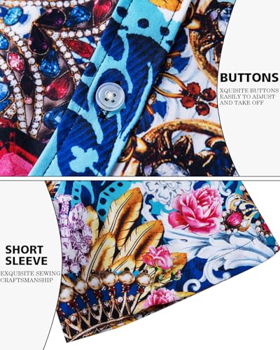 fohemr Mens Luxury Shirts Gold Chain Print Dress Shirt Baroque Short Sleeve Casual Button Down Design buchona Shirts Blue Medium