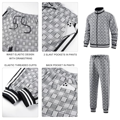 Aiozowa Track Suits for Men Set Plaid Jogging Tracksuit Mens 2 Piece Sweatsuits Jogger Sweat Suits Two Piece Sport Leisure Clothes Outfits Black White KEW-KE05-M