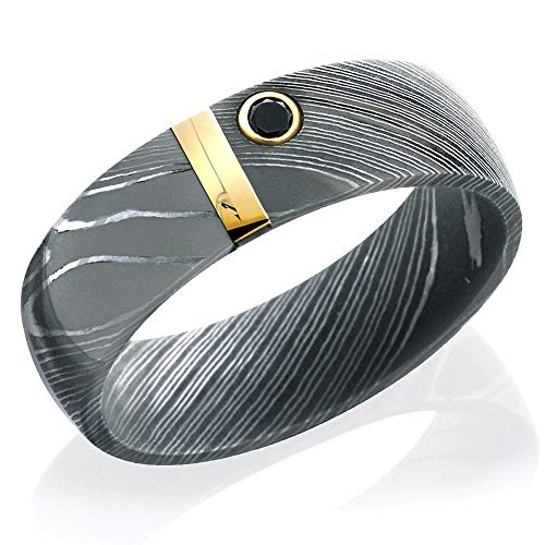 Kobelli Damascus Steel 7mm Domed Band with 2mm 14K Yellow Gold Vertical Inlay and Black Diamond, 11.5