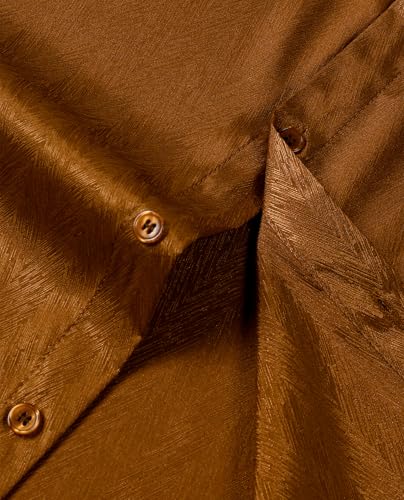 ZEROYAA Men's Luxury Shiny Satin Jacquard Shirt Modern Fit Short Sleeve Button Down Shirts for Summer Party Prom Brown Large