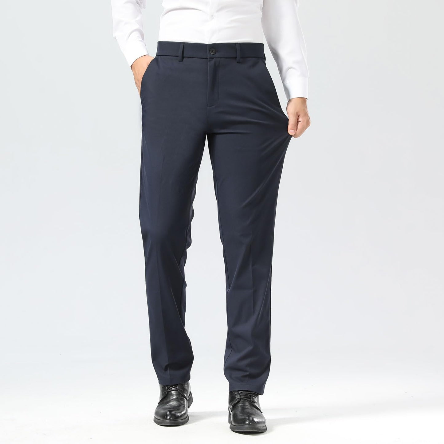 Plaid&Plain Men's Dress Pants Slim Fit Stretch Khaki Pants Wrinkle Free 8802 Navy Blue 32x30