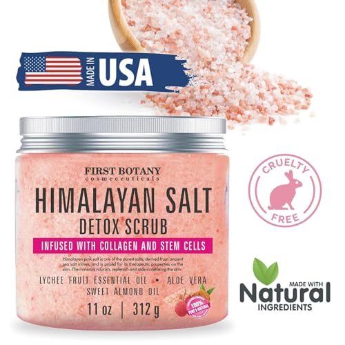 First Botany Himalayan Salt Body Scrub with Collagen & Stem Cells, Natural Exfoliating Salt Scrub Body & Face Souffle (20 oz)