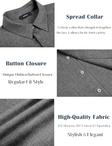 MAPICK Untuckit Shirts for Men Linen Short Sleeve Button Down Lightweight Breathable Summer Business Casual Clothes A-Dark Grey