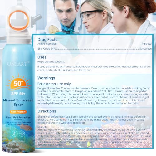 Reef Safe Sunscreen Spray SPF 50, Zinc Oxide Mineral Sunscreen Spray, Broad Spectrum UVA/UVB Protection, 360° Spray, Lightweight & Water Resistant, 6.76oz/200ml