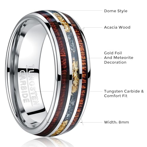 Vakki Tungsten Rings for Men Meteorite Gold Foil Inlay Koa Wood Wedding Band Polished Finish 8mm Promise Engagement Ring Comfort Fit Size 10