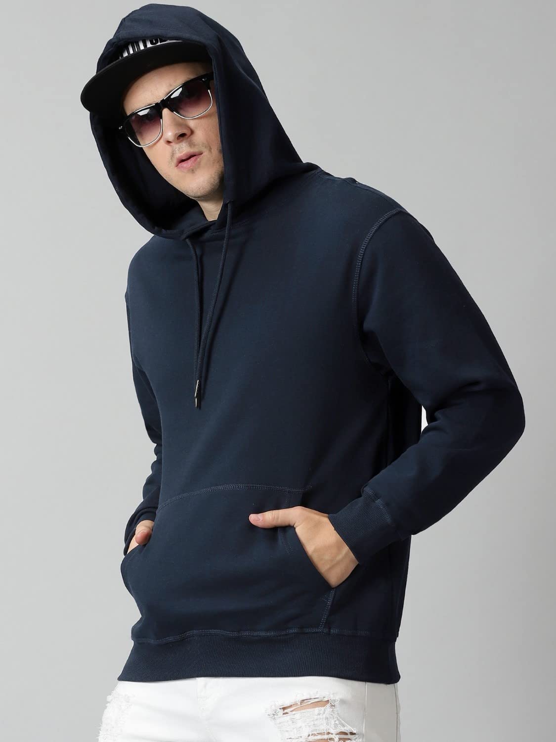 Klizzer Luxury Men's 100% Cotton Pullover Hoodie, Fleece Heavyweight Hooded Sweatshirt With Front Pocket (Navy Blue, M)