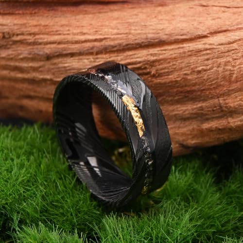 Concept Knight Black Damascus Steel Rings for Men Flat Men's Wedding Bands
