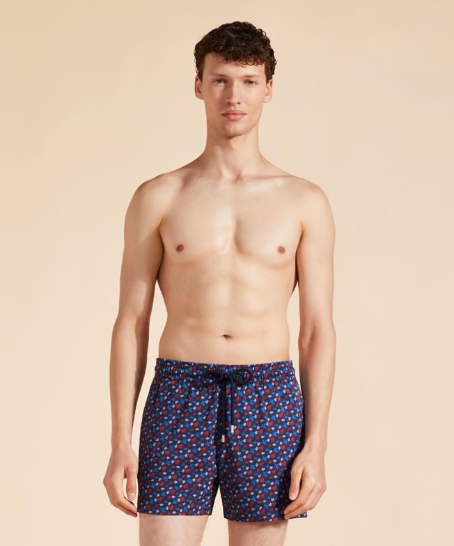 Vilebrequin Men Stretch Swim Trunks Micro Round Turtles Rainbow, L, Navy Blue