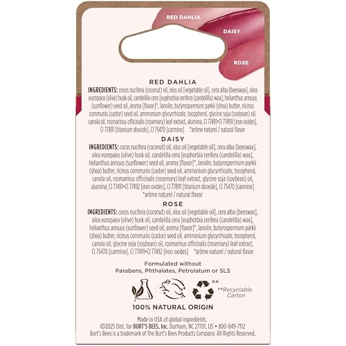 Burts Bees Tinted Lip Balm Value Pack, Includes Red Dahlia, Daisy and Rose, 8 Hour Moisture, Provides a Hint of Color, Nourishing Shea Butter, 100 Percent Natural Origin, 0.15 oz., Three Tubes