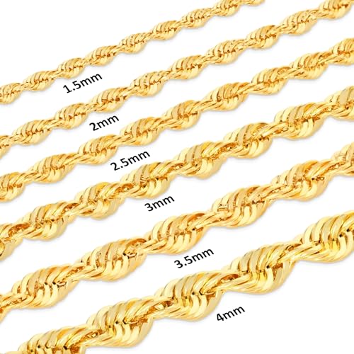 Nuragold 14K Real Yellow Gold Rope Diamond Cut Chain Lightweight Necklace - 20",2.5mm