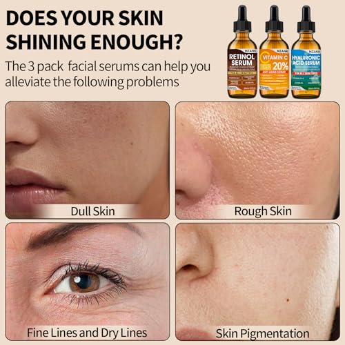 3 Pack Face Serum Skin Care Set-Includes Vitamin C, Hyaluronic Acid & Retinol Serums for Face-Brightening, Anti-Aging,Hydrating Facial Serums-AM, PM & All-Day Skincare Routine